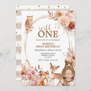 Woodland Animals Wild One Fall Floral 1st Birthday Invitation