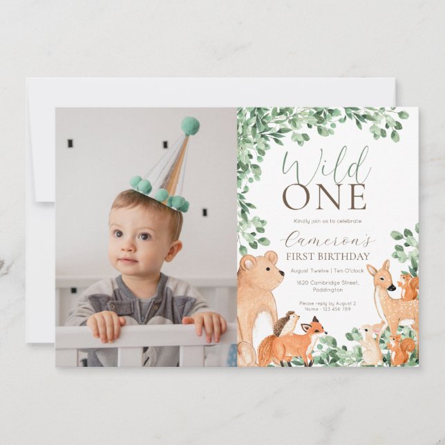 Woodland Animals Wild One First Birthday Photo Invitation (Front)