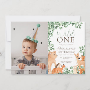 Woodland Animals Wild One First Birthday Photo Invitation