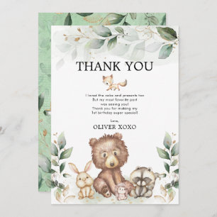 Woodland Animals Wild One Greenery Gold Birthday Thank You Card