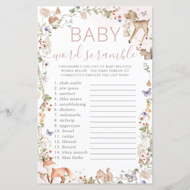 Woodland Animals Wildflower Baby Word Scramble (Front)