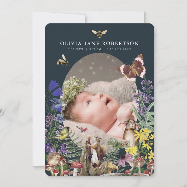 Woodland Animals & Wildflowers Birth Announcement (Front)