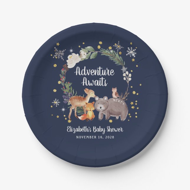 Woodland Animals Winter Baby Shower Paper Plates (Front)