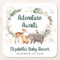 Woodland Animals Winter Baby Shower Square Paper Coaster