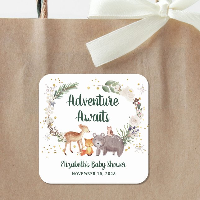 Woodland Animals Winter Baby Shower Square Sticker (Creator Uploaded)
