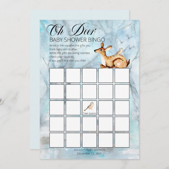 Woodland Animals Winter Boy Baby Shower Bingo Card (Front/Back)