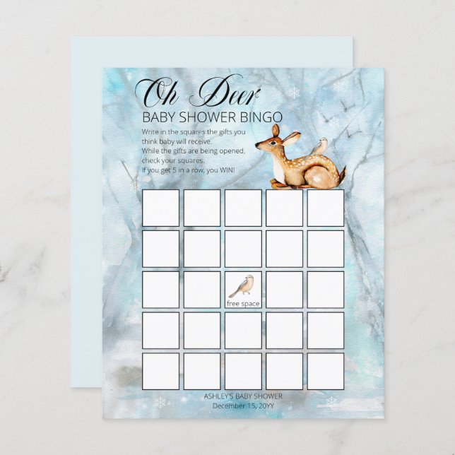 Woodland Animals Winter Boy Baby Shower Bingo Card (Front/Back)