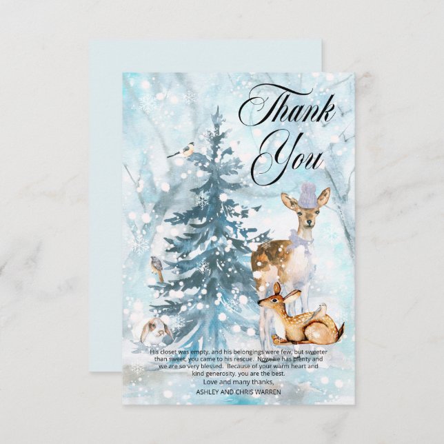 Woodland Animals Winter Boy Baby Shower Thank You Card (Front/Back)