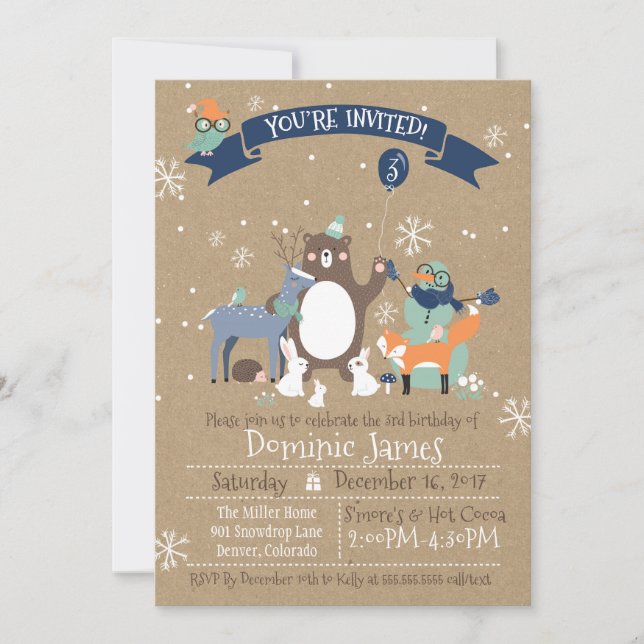 Woodland Animals Winter Boys Birthday Invitation (Front)