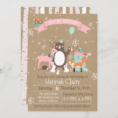 Woodland Animals Winter Girls Birthday Invitation