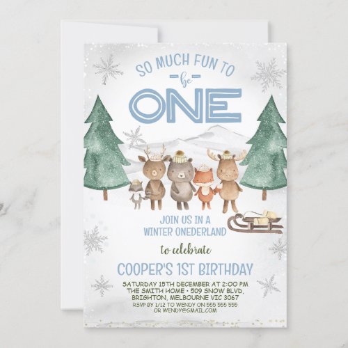 Woodland Animals Winter Onederland Birthday Invitation