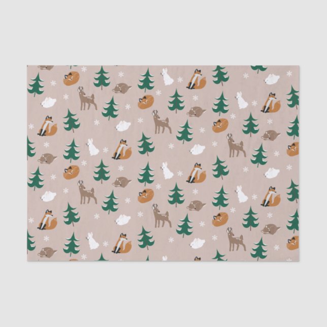 Woodland Animals Winter Pattern Pine Trees Snow Tissue Paper (Front)