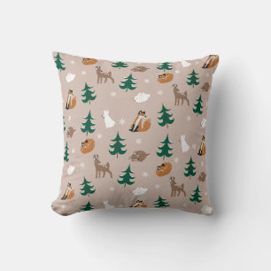 Woodland Animals Winter Pine Trees Snowflakes Throw Pillow