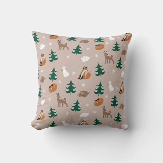 Woodland Animals Winter Pine Trees Snowflakes Throw Pillow (Front)