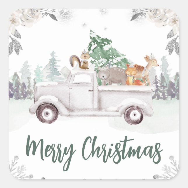 Woodland Animals Winter Truck Christmas  Square Sticker (Front)