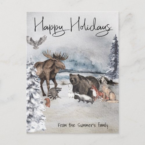 Woodland Animals Winter Watercolor Holiday Postcard