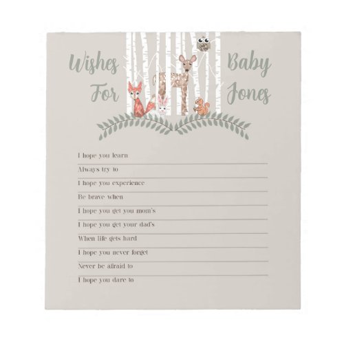 Woodland Animals Wishes For Baby Shower Game Notepad