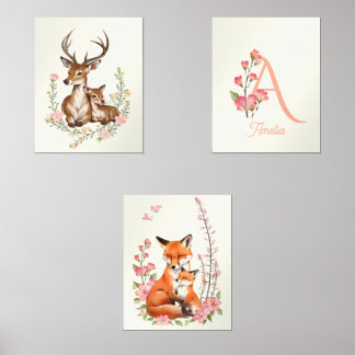 Woodland Animals with Monogram Name Nursery Kids Wall Art Sets
