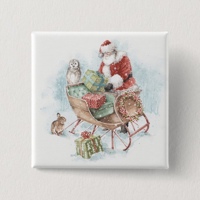 Woodland Animals with Santa Claus and His Sleigh Button (Front)