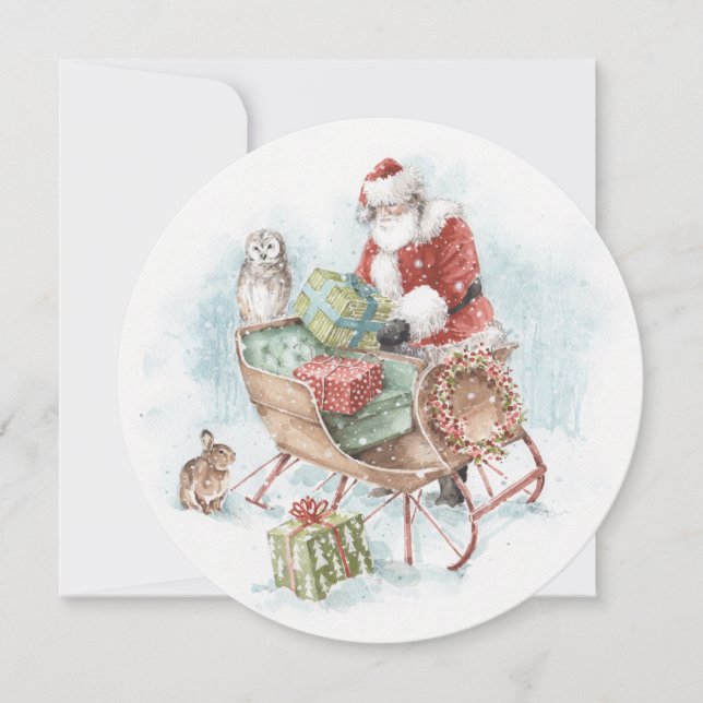 Woodland Animals with Santa Claus and His Sleigh Holiday Card (Front)