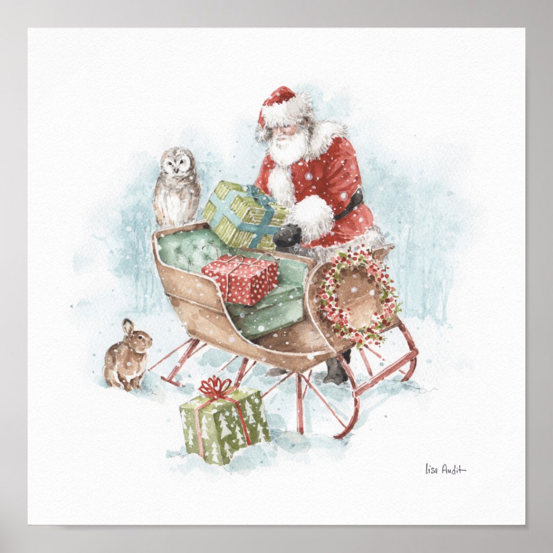 Woodland Animals with Santa Claus and His Sleigh Poster | Zazzle