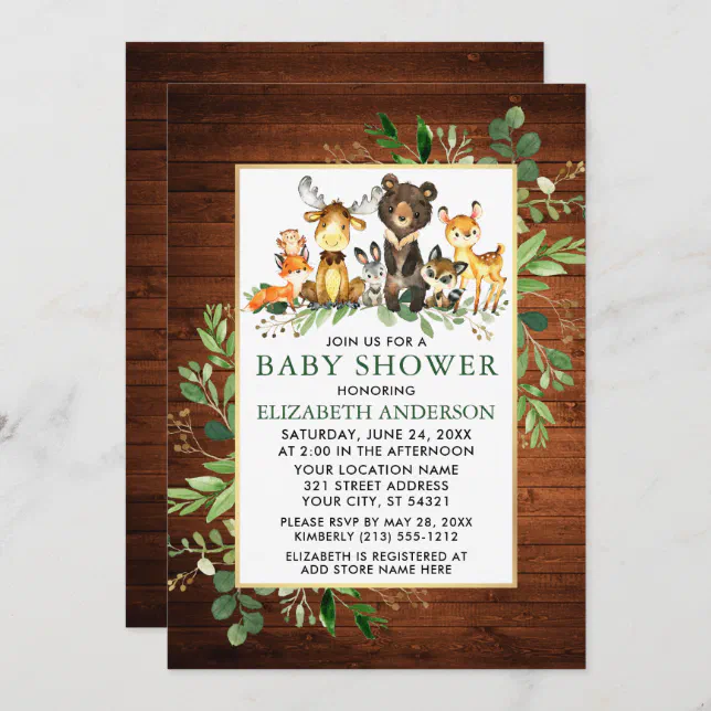 Woodland Animals Wood Greenery Baby Shower Invitation | Zazzle