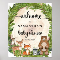 Woodland animals wood log baby shower welcome sign