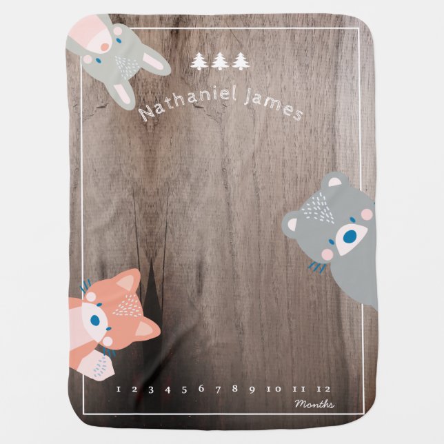 Woodland Animals Wood Monthly Milestone Baby Blanket (Front)