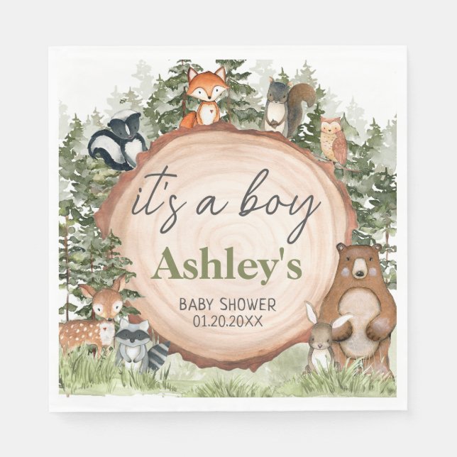 Woodland Animals Wood Slice Baby Shower Napkins (Front)