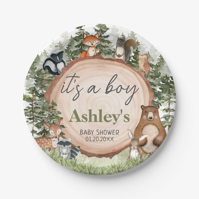 Woodland Animals Wood Slice Baby Shower Paper Plates (Front)