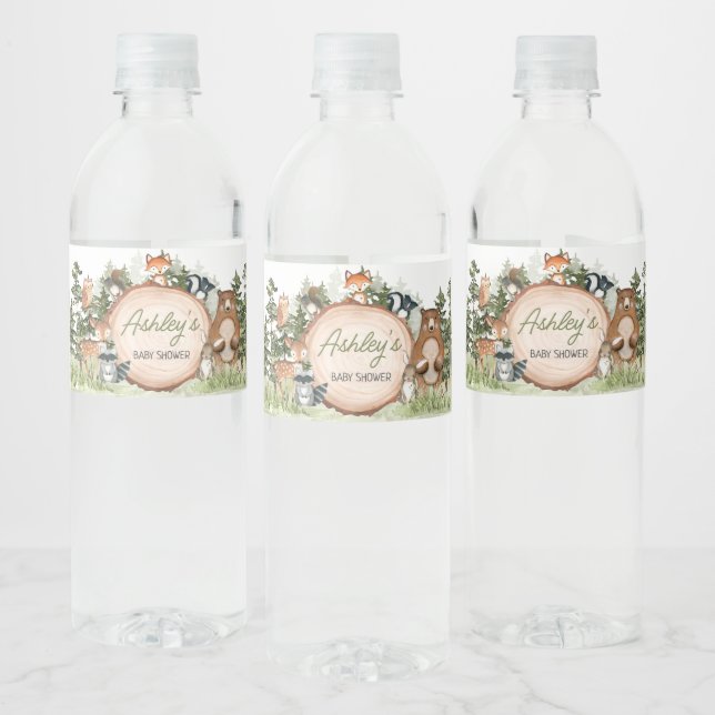 Woodland Animals Wood Slice Baby Shower Water Bottle Label (Bottles)