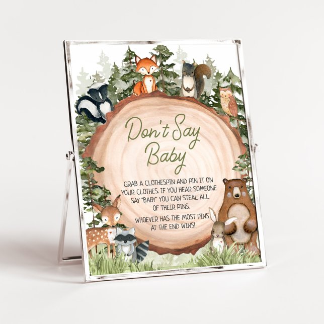 Woodland Animals Wood Slice Don't Say Baby Poster (Boy Woodland Animals Baby Shower Don't Say Baby Sign)