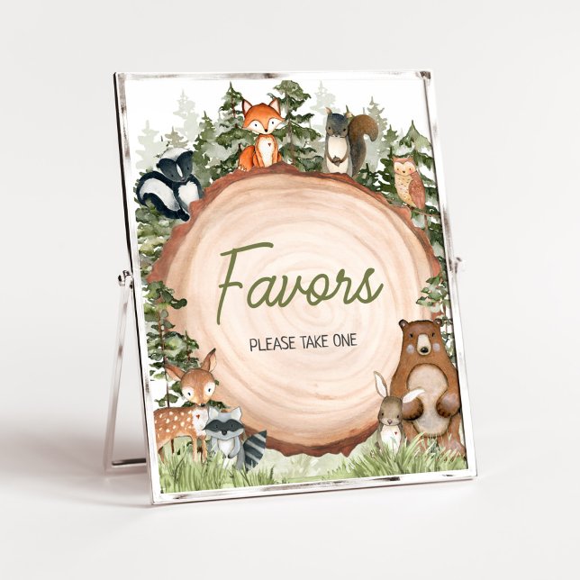 Woodland Animals Wood Slice Favors Poster (Boy Woodland Animals Baby Shower Favors Sign)