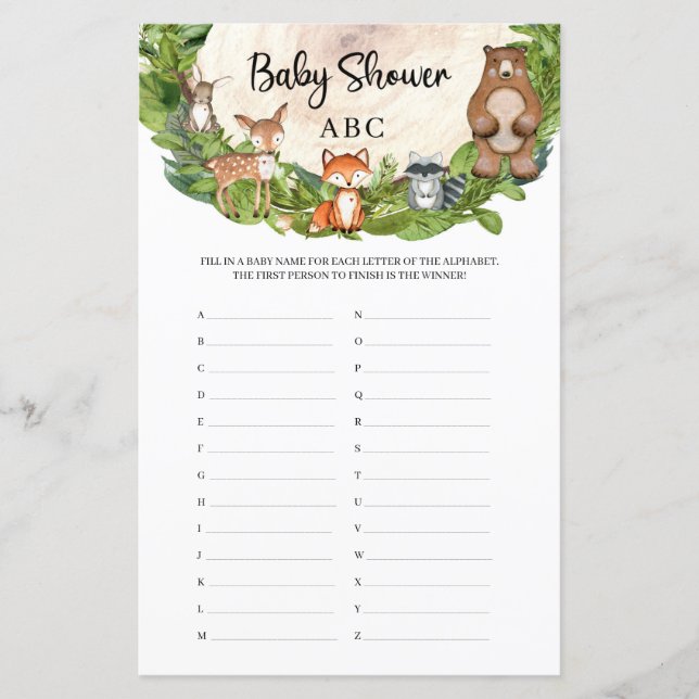 Woodland animals wooden log slice Baby Shower ABC (Front)