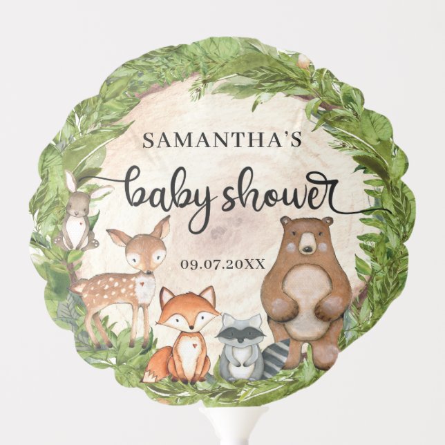 Woodland animals wooden log slice baby shower balloon (Front)