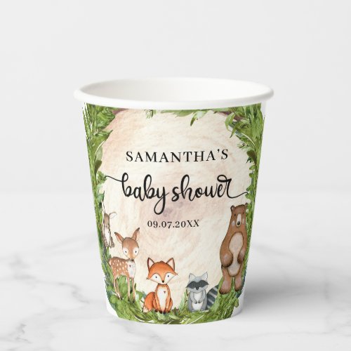 Woodland animals wooden log slice baby shower paper cups