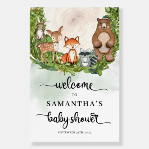 Woodland animals wooden slice baby shower welcome foam board