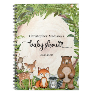 Woodland animals wooden slice greenery baby notebook
