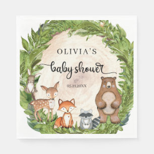 Woodland animals wooden slice greenery Baby Shower Napkins