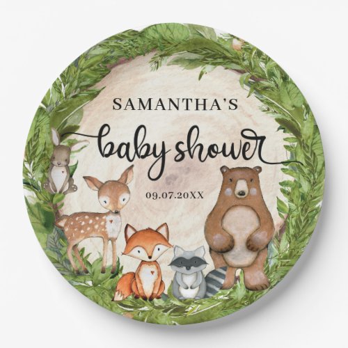 Woodland animals wooden slice greenery baby shower paper plates