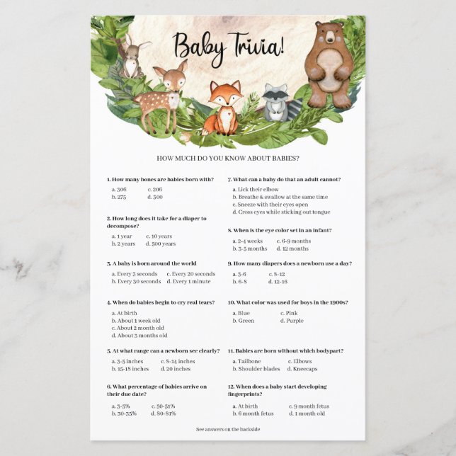 Woodland animals wooden slice greenery Baby Trivia (Front)