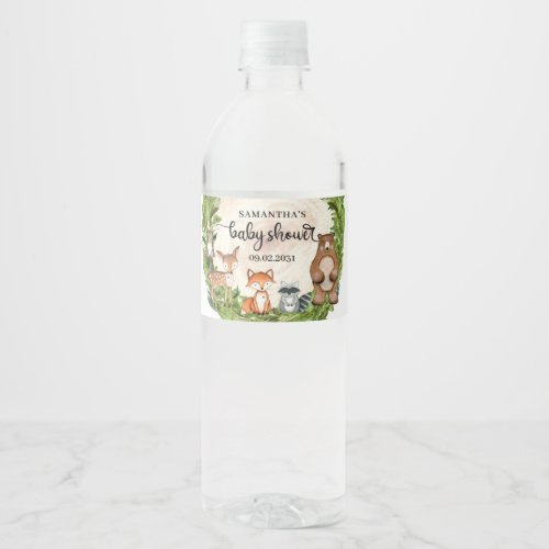 Woodland animals wooden slice log baby shower water bottle label