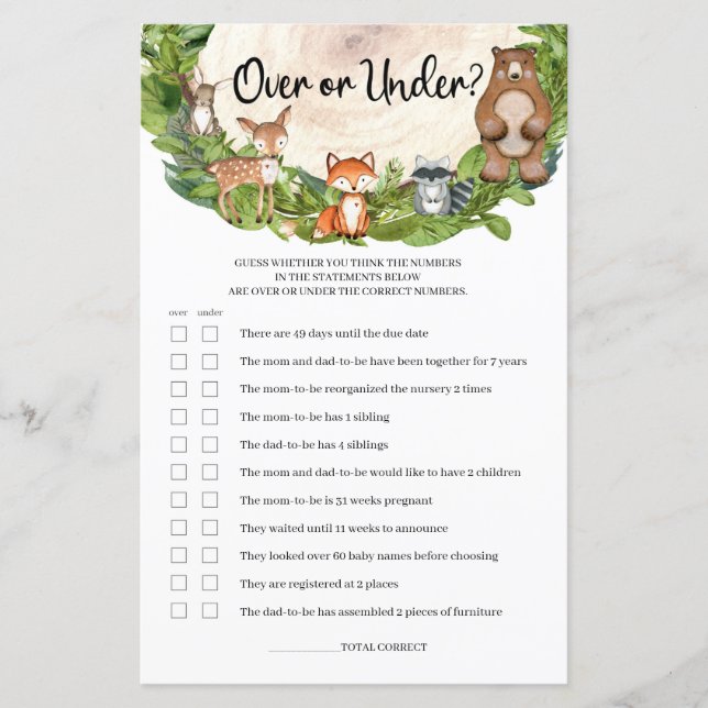 Woodland animals wooden slice over or under game (Front)