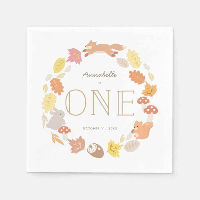 Woodland Animals Wreath Fall 1st Birthday Napkins (Front)