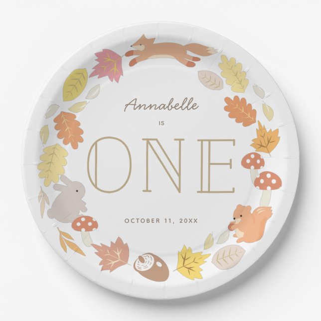 Woodland Animals Wreath Fall 1st Birthday Paper Plates (Front)