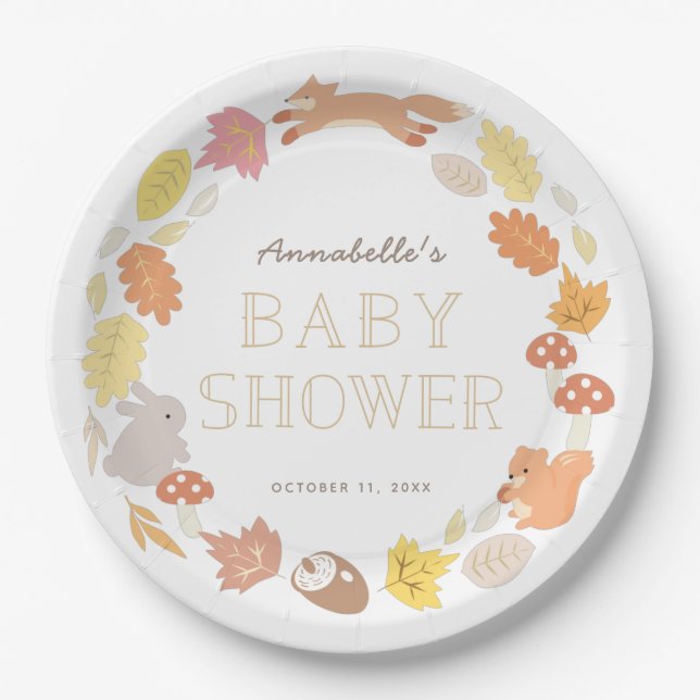 Woodland Animals Wreath Fall Baby Shower Paper Plates (Front)