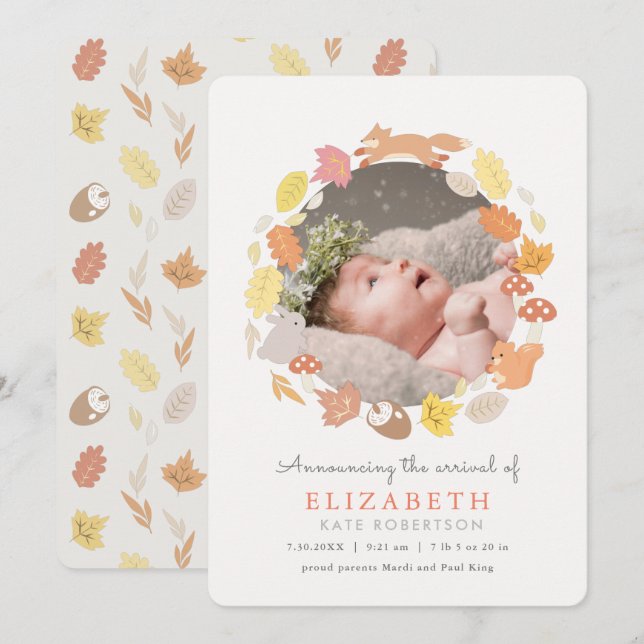 Woodland Animals Wreath Photo Birth Announcement (Front/Back)