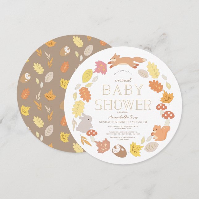 Woodland Animals Wreath Virtual Baby Shower Circle Invitation (Front/Back)