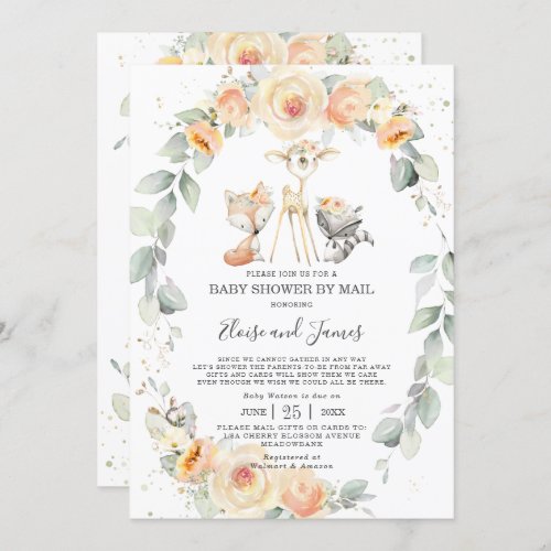 Woodland Animals Yellow Floral Baby Shower by Mail Invitation
