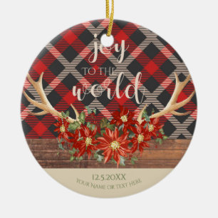 Woodland Antlers Poinsettias and Red Plaid Ceramic Ornament